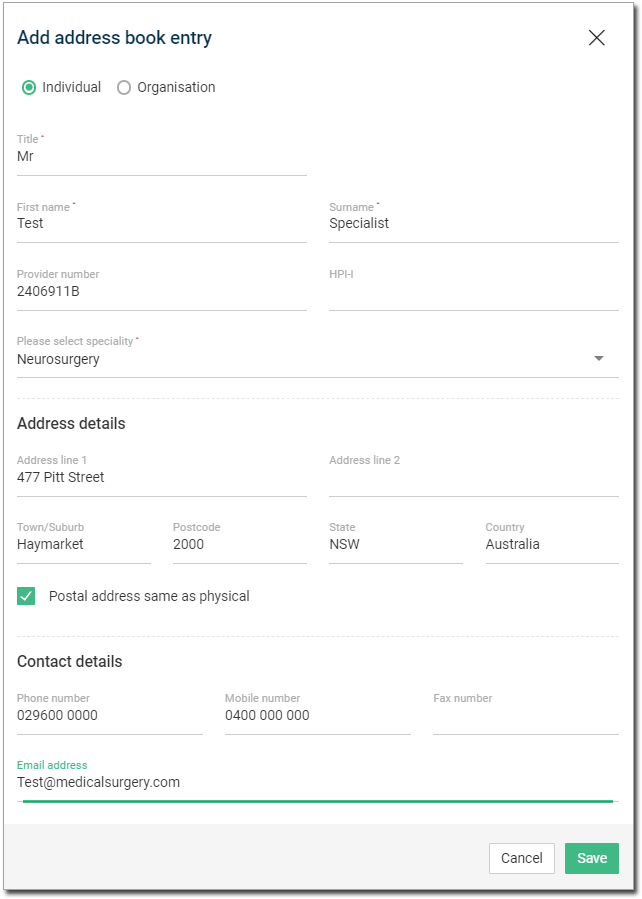 Clincial Management Address Book Entry for individual