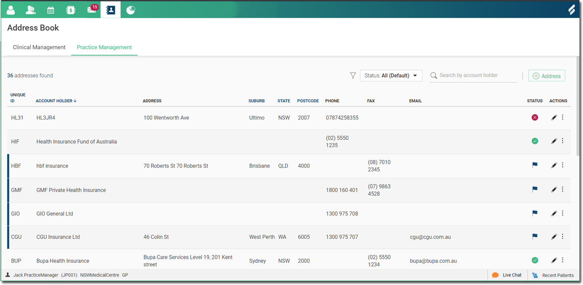 Sorting in the Practice Management Address Book