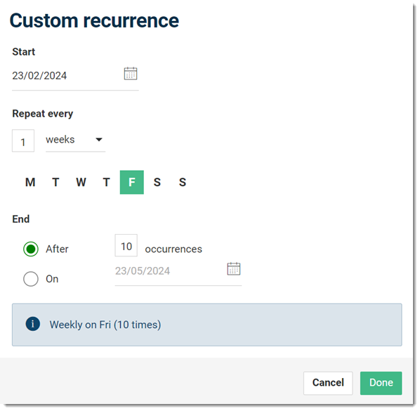 Custom Recurrence panel-Weekly