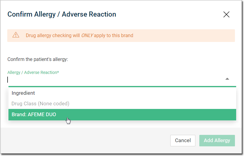 Message confirming that allergy applies to a specific brand of medication