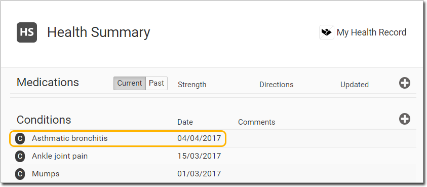 Example condition in a patient's Health Summary