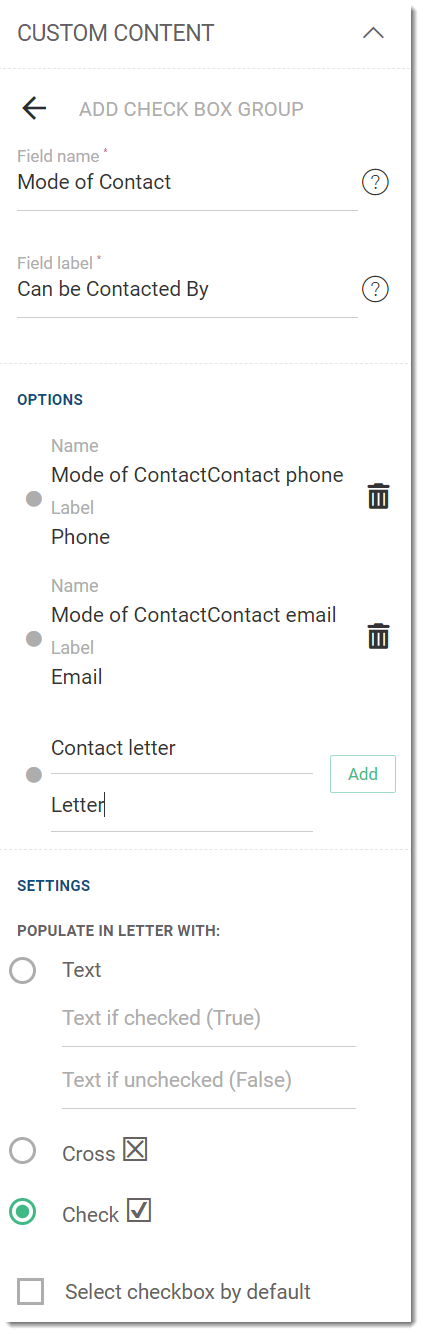 Example group check box settings in a template