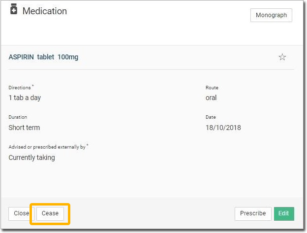 Health Summary, open Medications then click Cease