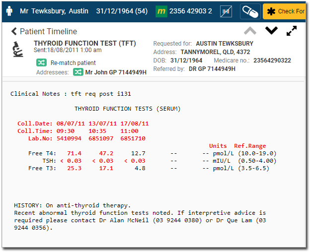 Example result details in the timeline