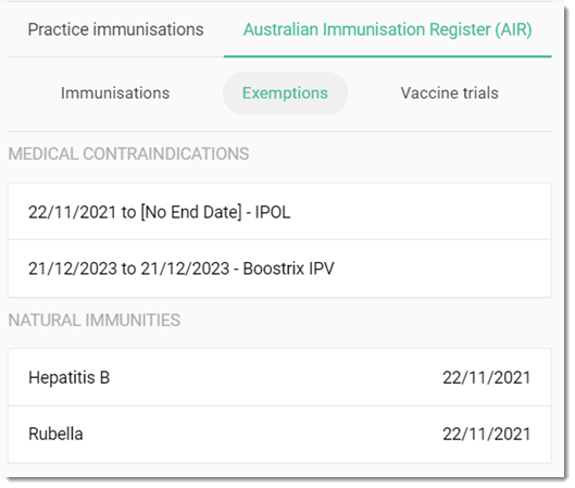 Exemptions tab- Natural Immunities