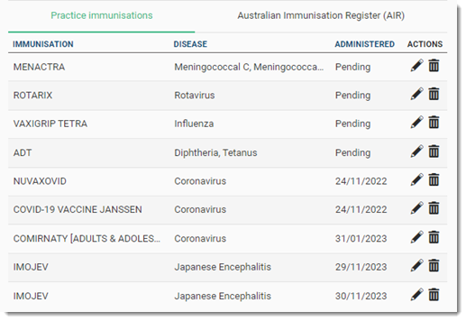 Practice Immunisation tab