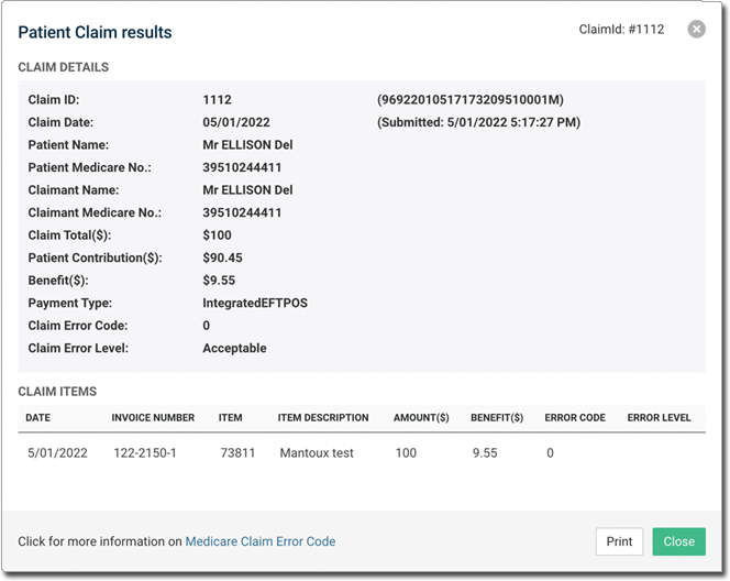 Patient claim Results Window