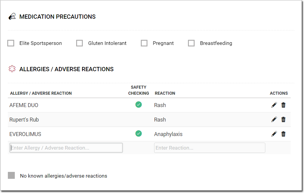 Medication Precautions window, showing the patient's allergies and adverse reactions