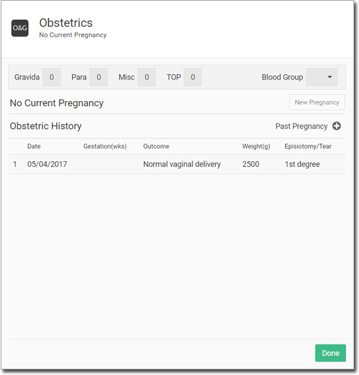 Obstetric history in the Obstetrics panel