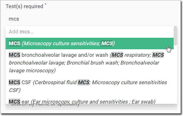 Pathology Request Panel Enter a Test