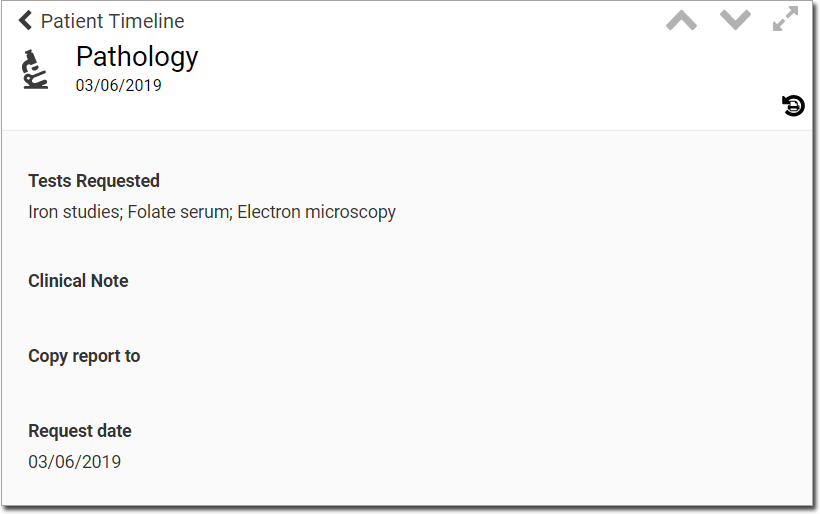 Example Pathology request details in the Patient Timeline