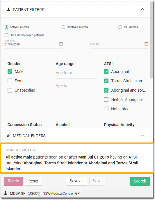 Patient Search Criteria Example