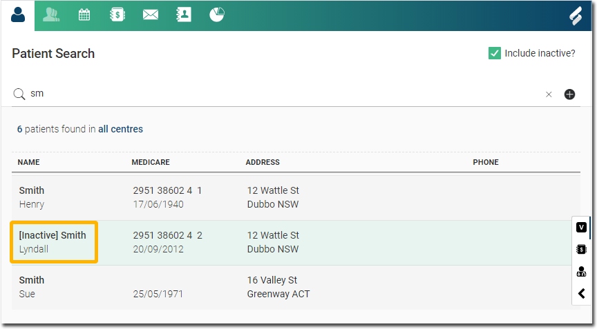 Example Patient Search with Include Inactive Set