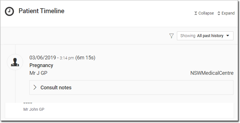 Example patient timeline with pregnancy entry