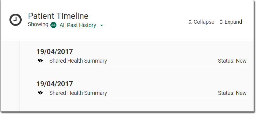 Patient Timeline showing Shared Health Summary