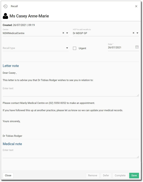 Example Recall panel