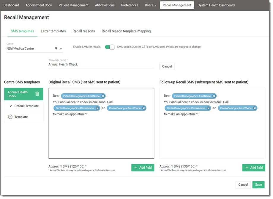 Example SMS recall templates