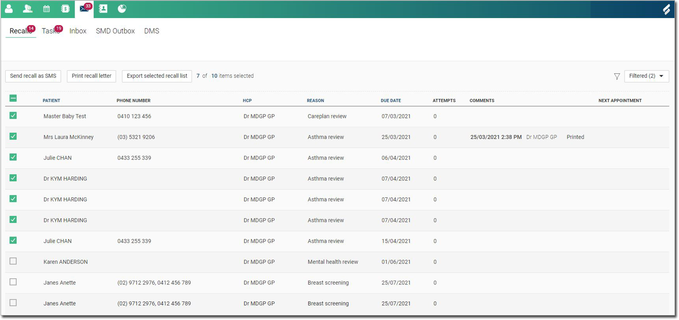 Example Recalls with patients selected