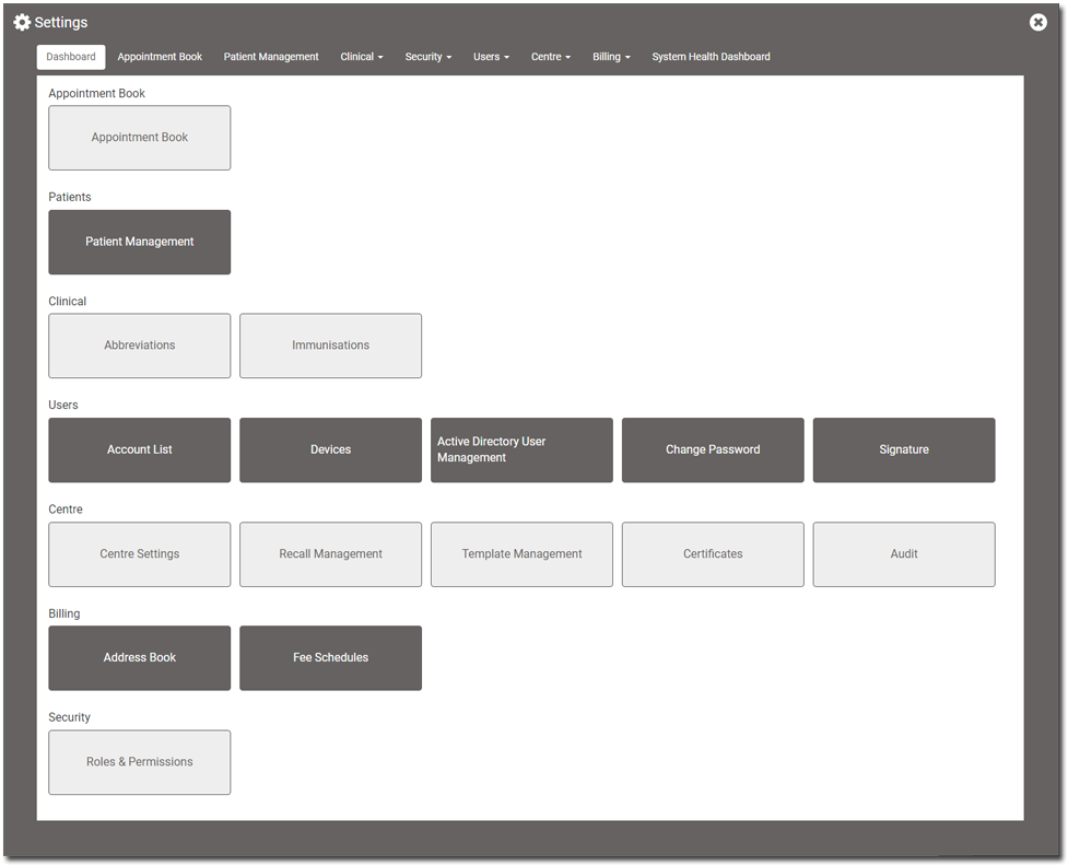 Settings > Dashboard window