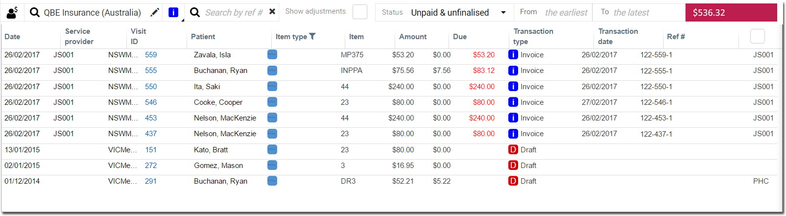 List of transaction history