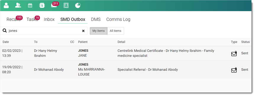 Example filter & search in SMD Outbox