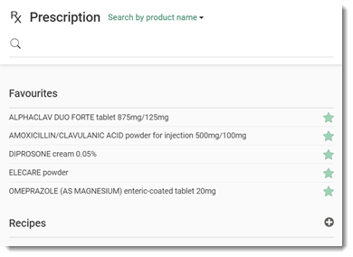 Example Prescription panel with medication recipes