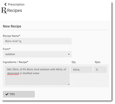 Example new medication recipe window